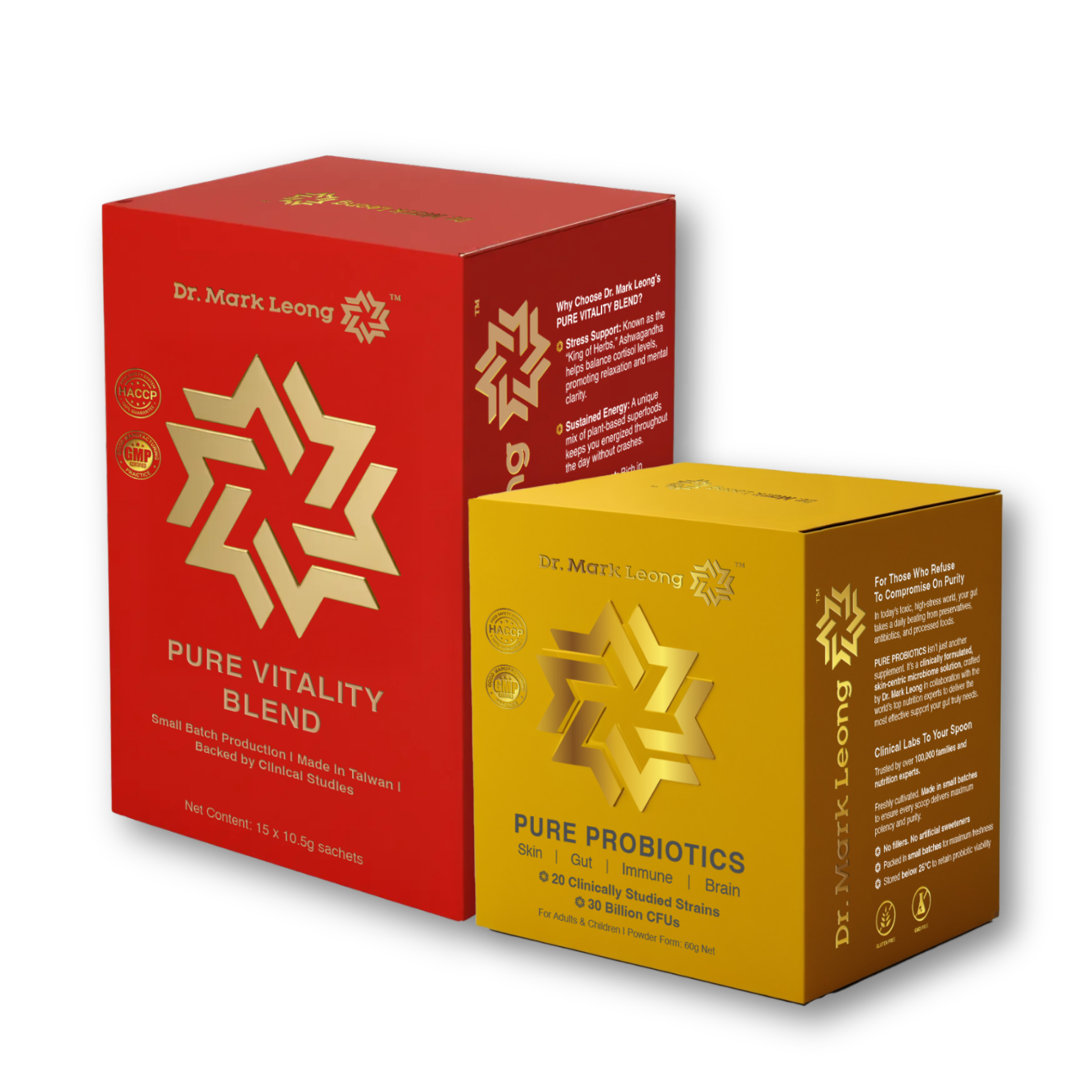 Dr. Mark Leong Pure Vitality Blend and Pure Probiotics product boxes