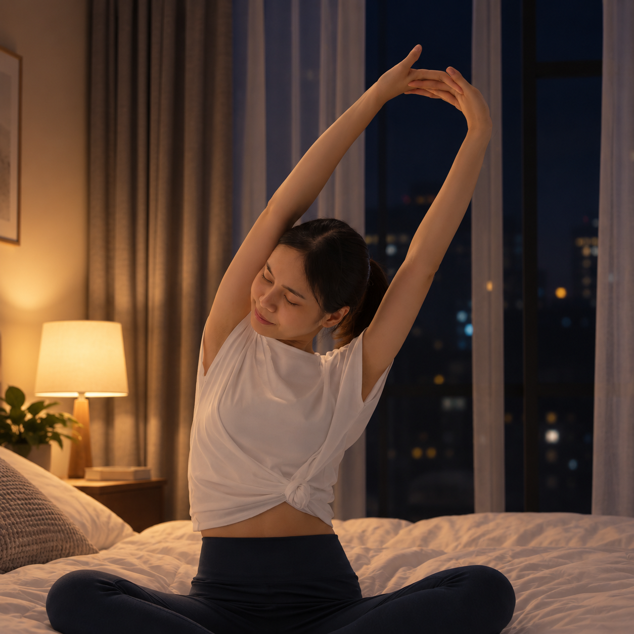 Woman stretching on her bed in a warmly lit bedroom