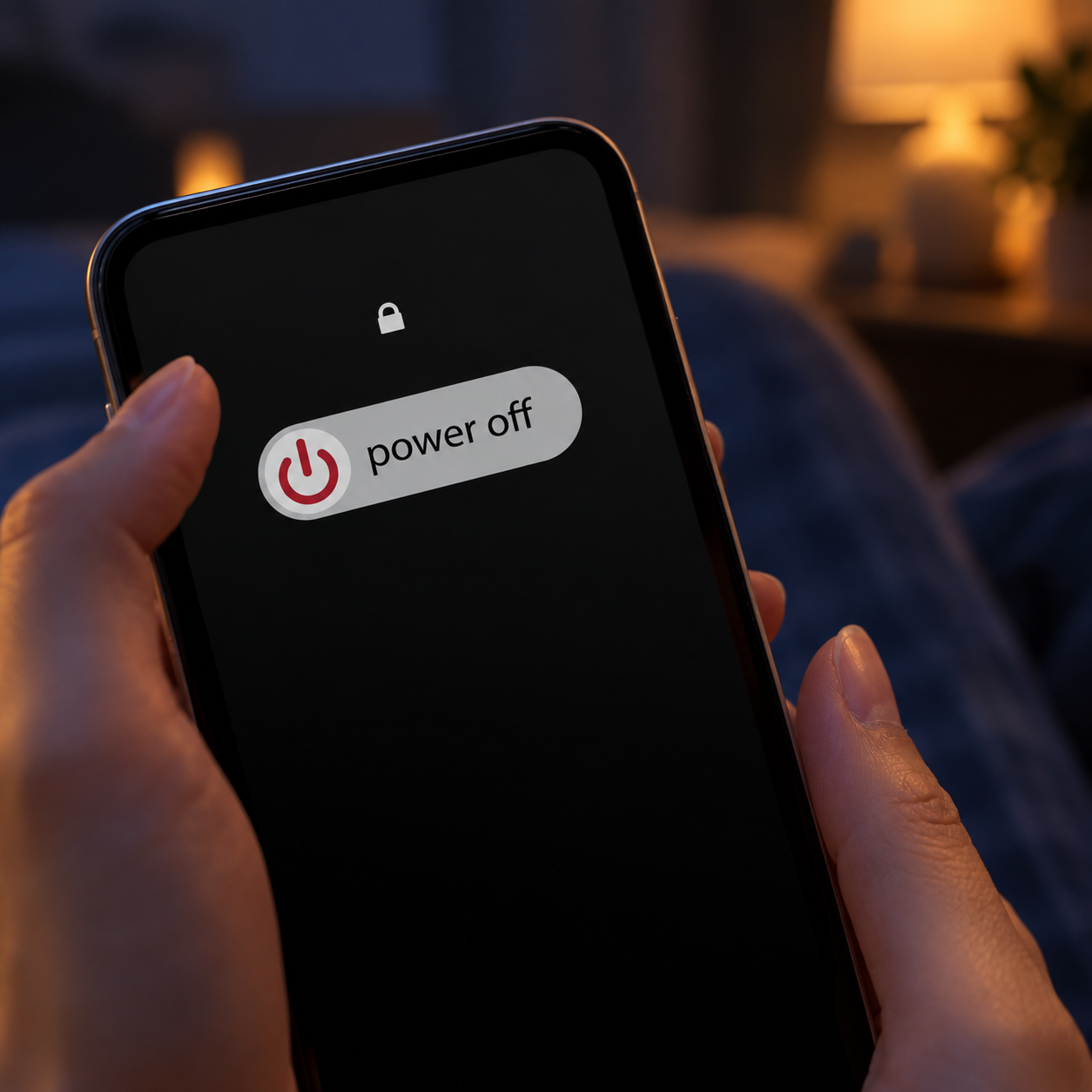 Hands powering off a phone at bedtime